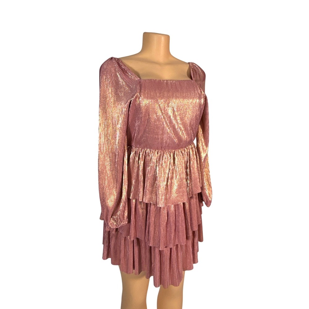 GB Girls Tiered Metallic Pleated Dress Kids Size 10-12 Rose Gold Excellent Party